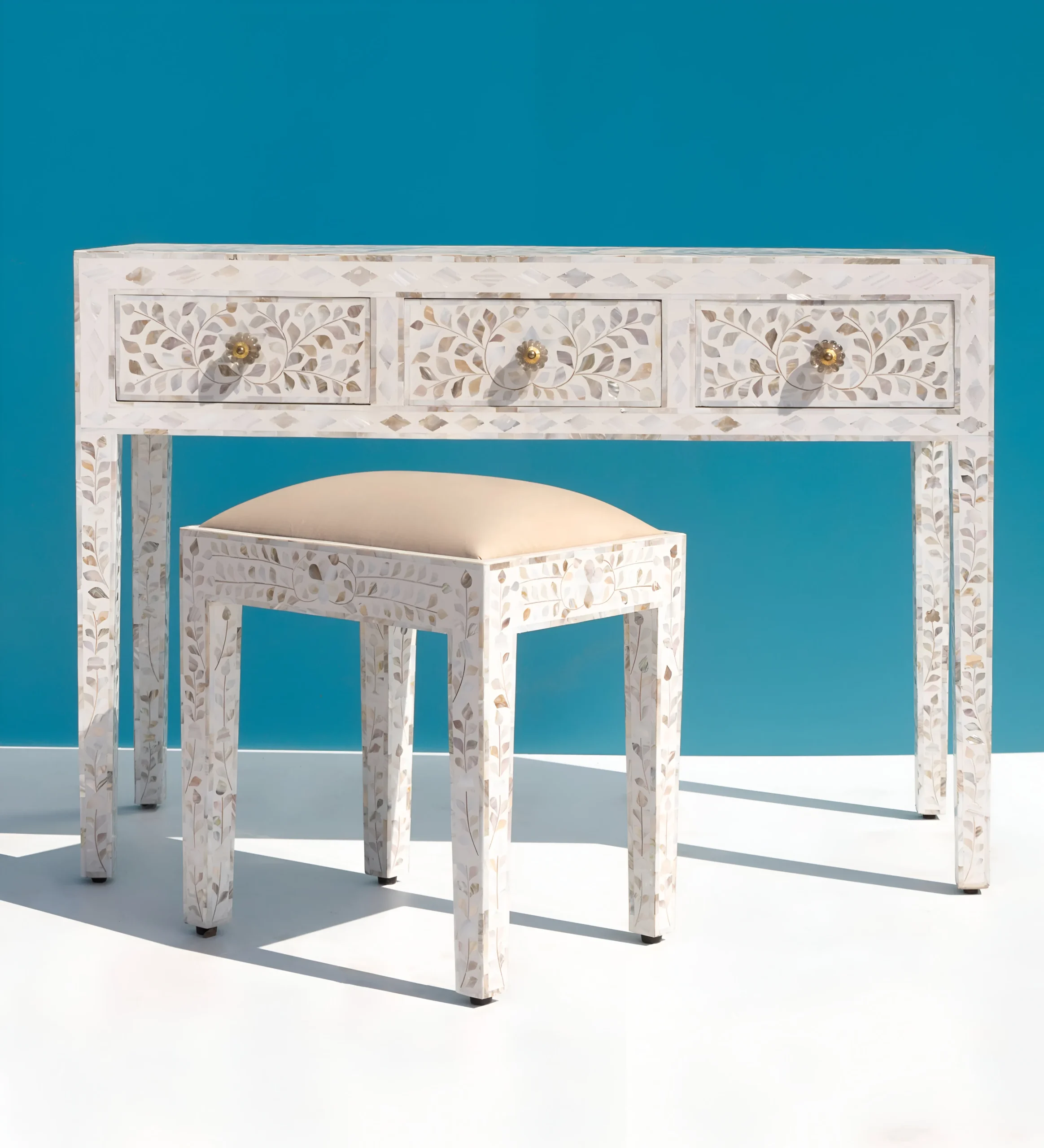 Essenthome Handmade Bone Inlay ? White Bone inlay desk & Writing Table with 3 Drawers - Image 4