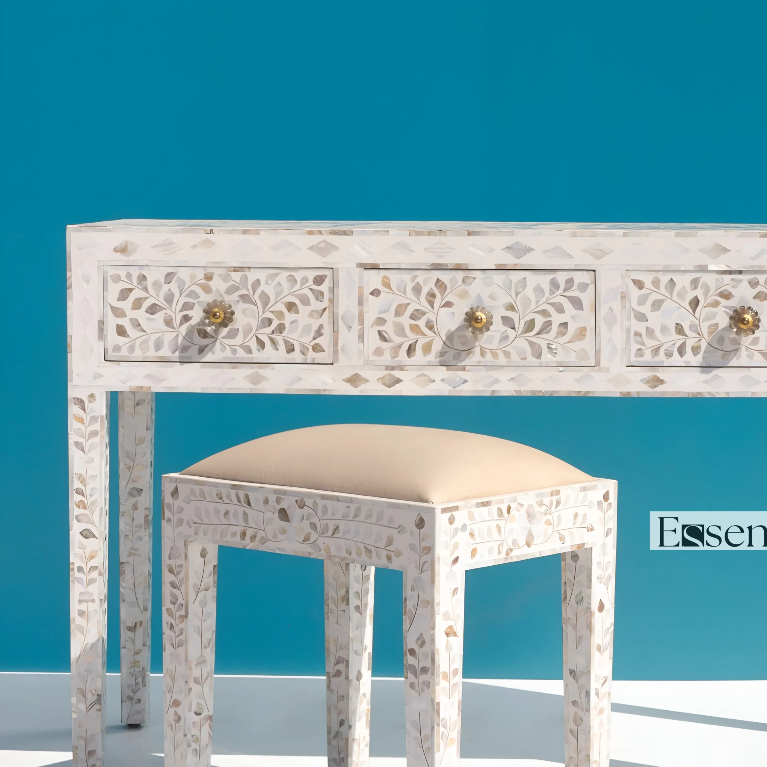 Essenthome Handmade Bone Inlay ? White Bone inlay desk & Writing Table with 3 Drawers - Image 3