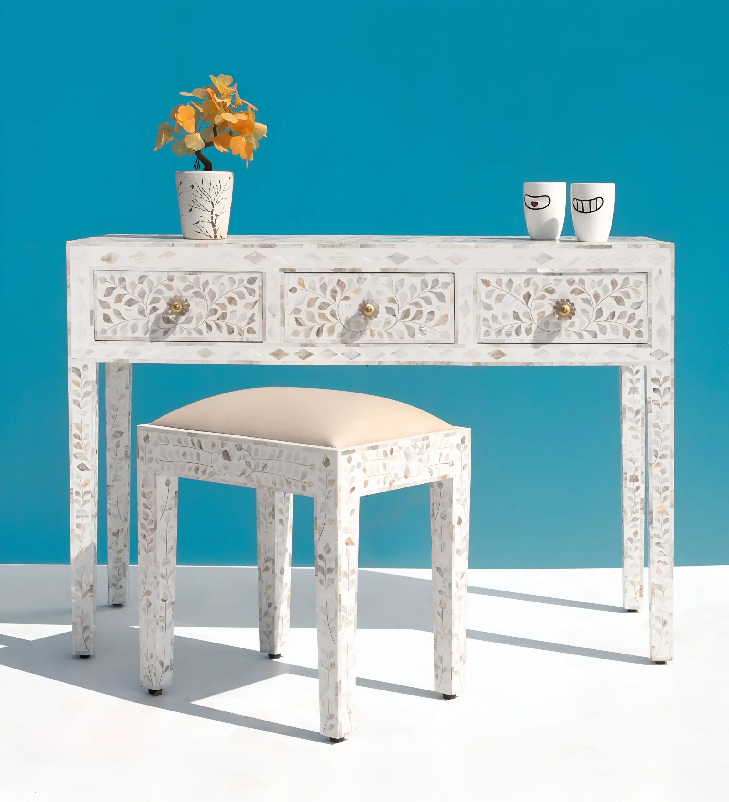 Essenthome Handmade Bone Inlay ? White Bone inlay desk & Writing Table with 3 Drawers - Image 5