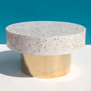 Essenthome Handmade Bone Inlay Round Coffee Table ? White Floral Pattern with Golden Base, Luxury Wooden Center Table