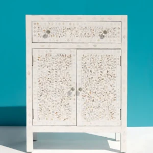 Handmade Bone Inlay Entryway Cabinet with Floral Pattern ? White Accent Storage Furniture