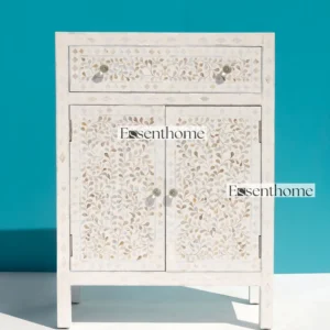 Handmade Bone Inlay Entryway Cabinet with Floral Pattern ? White Accent Storage Furniture