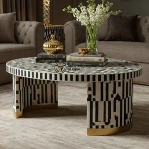 Luxury Black & White Bone Inlay Round Coffee Table with Brass Base – Modern Statement Center Table