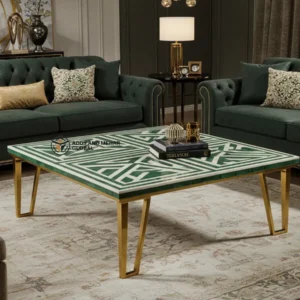 Luxury Green Bone Inlay Coffee Table with Gold Metal Legs – Modern Geometric Center Table