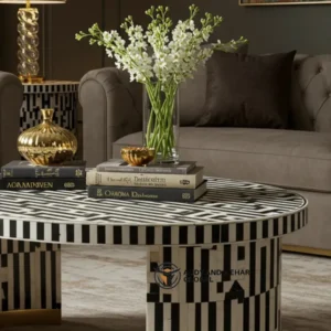 Luxury Black & White Bone Inlay Round Coffee Table with Brass Base – Modern Statement Center Table