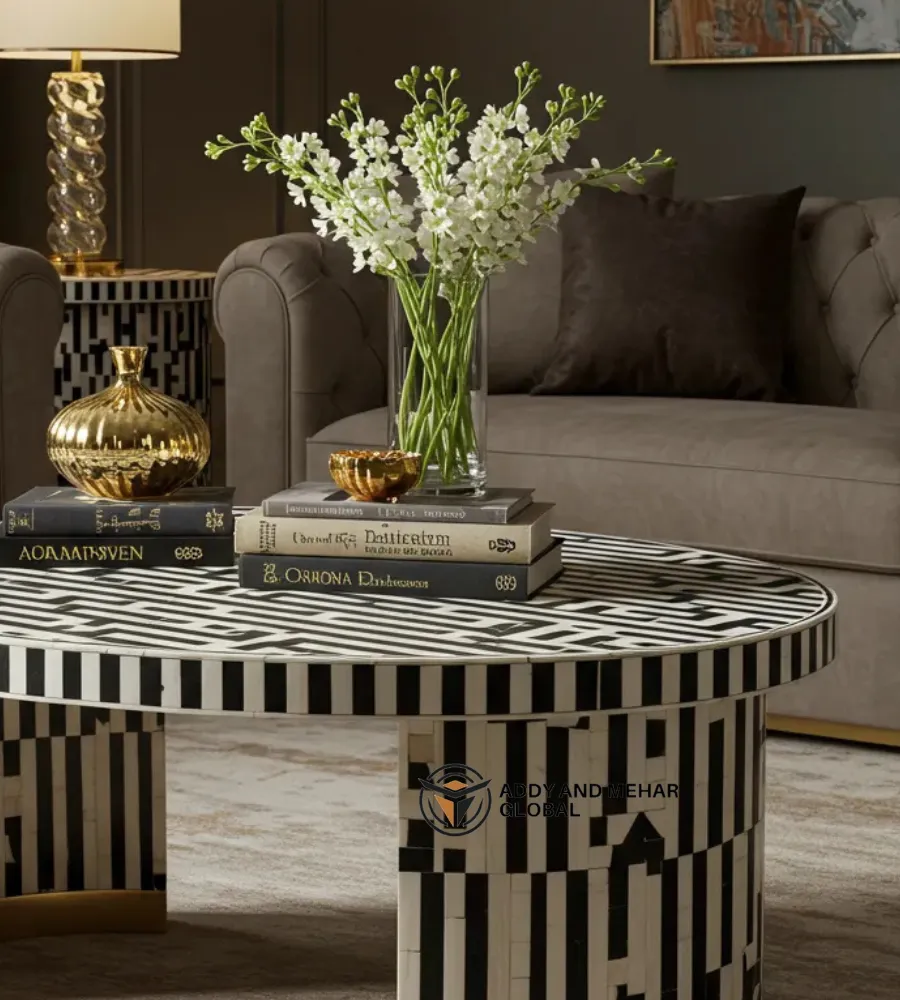 Luxury Black & White Bone Inlay Round Coffee Table with Brass Base – Modern Statement Center Table - Image 2