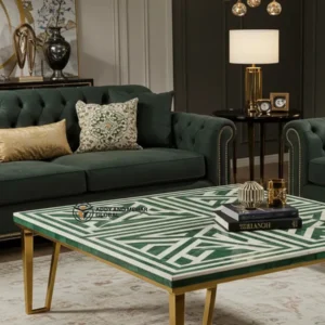 Luxury Green Bone Inlay Coffee Table with Gold Metal Legs – Modern Geometric Center Table