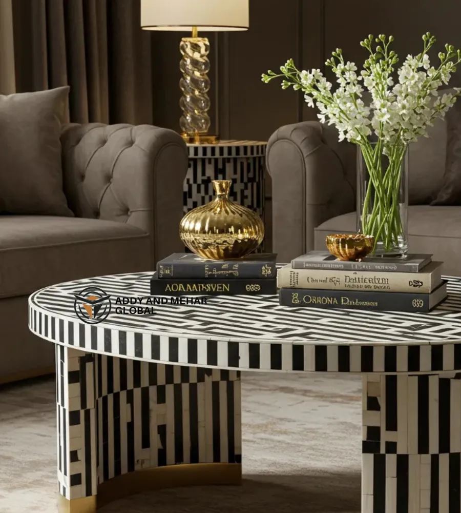Luxury Black & White Bone Inlay Round Coffee Table with Brass Base – Modern Statement Center Table - Image 3