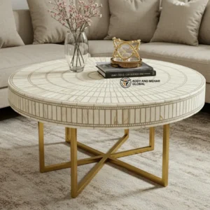 Luxury Round Bone Inlay Coffee Table with Gold Metal Base – Modern Living Room Center Table