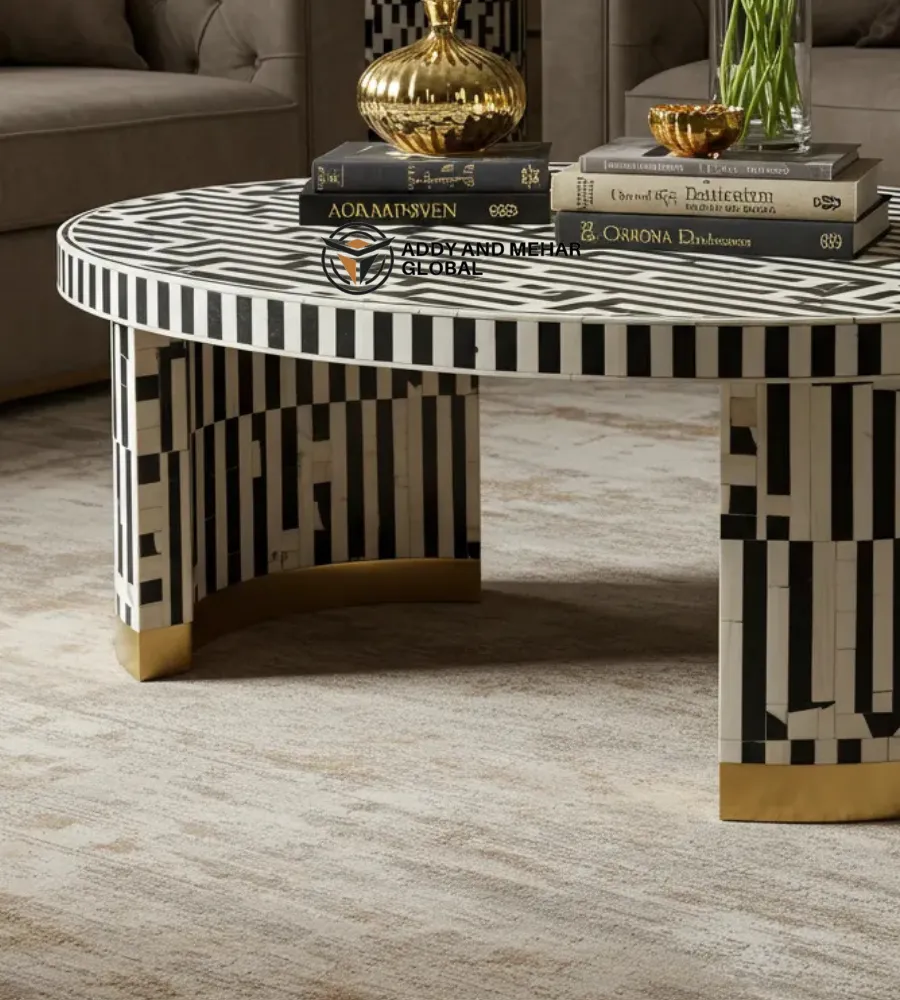 Luxury Black & White Bone Inlay Round Coffee Table with Brass Base – Modern Statement Center Table - Image 4