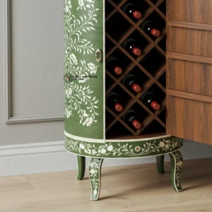 Luxury Handcrafted Floral Inlay Wine Cabinet – Round Wooden Wine Storage Bar Cabinet with Decorative Green Finish