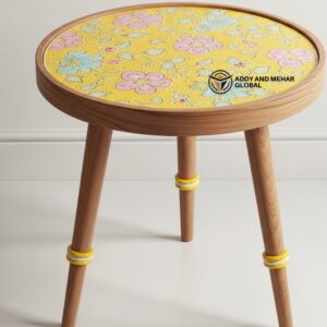 Yellow Meena Print Wooden Accent Stool – Hand Painted Decorative Tripod Stool