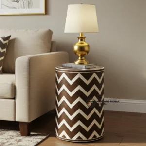 Luxury Chevron Bone Inlay Side Table – Handmade Wooden Accent Table with Geometric Pattern | Modern Boho End Table