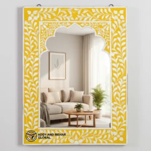 Yellow Floral Bone Inlay Mirror – Handmade Arched Wall Mirror | Luxury Decorative Accent Frame