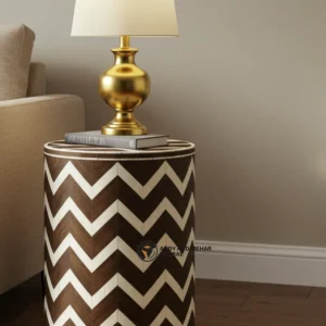 Luxury Chevron Bone Inlay Side Table – Handmade Wooden Accent Table with Geometric Pattern | Modern Boho End Table