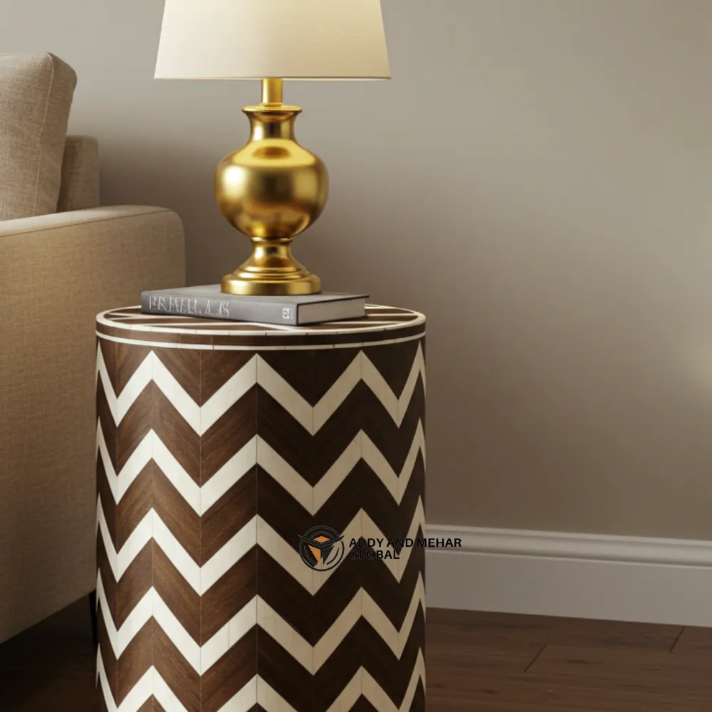 Luxury Chevron Bone Inlay Side Table – Handmade Wooden Accent Table with Geometric Pattern | Modern Boho End Table - Image 2