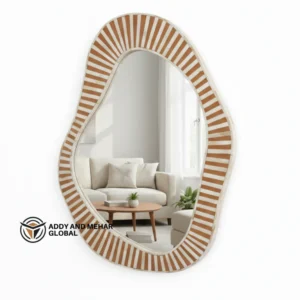 Organic Shape Bone Inlay Mirror – Handmade Wooden Wall Mirror with Striped Frame | Modern Sculptural Accent