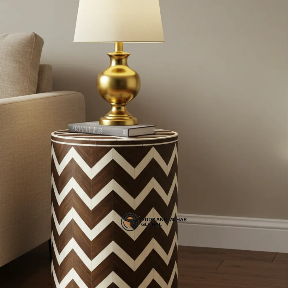 Luxury Chevron Bone Inlay Side Table – Handmade Wooden Accent Table with Geometric Pattern | Modern Boho End Table - Image 4