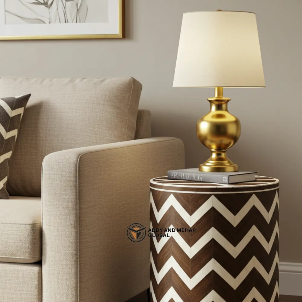 Luxury Chevron Bone Inlay Side Table – Handmade Wooden Accent Table with Geometric Pattern | Modern Boho End Table - Image 5