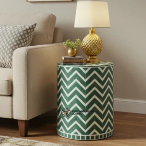 Emerald Green Chevron Bone Inlay Side Table – Handmade Luxury Wooden End Table | Modern Boho Accent Furniture