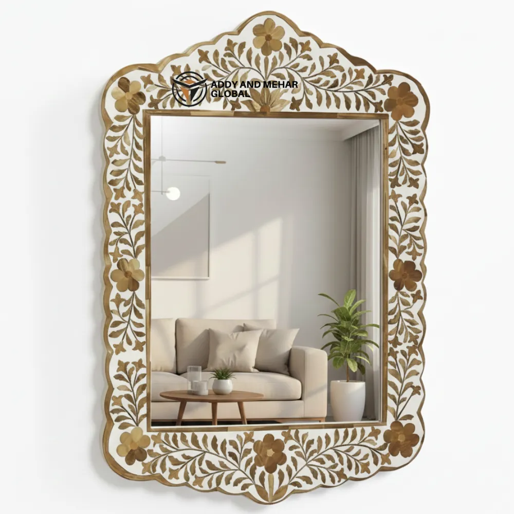 Luxury Brown Bone Inlay Mirror Handmade Floral Wall Decor