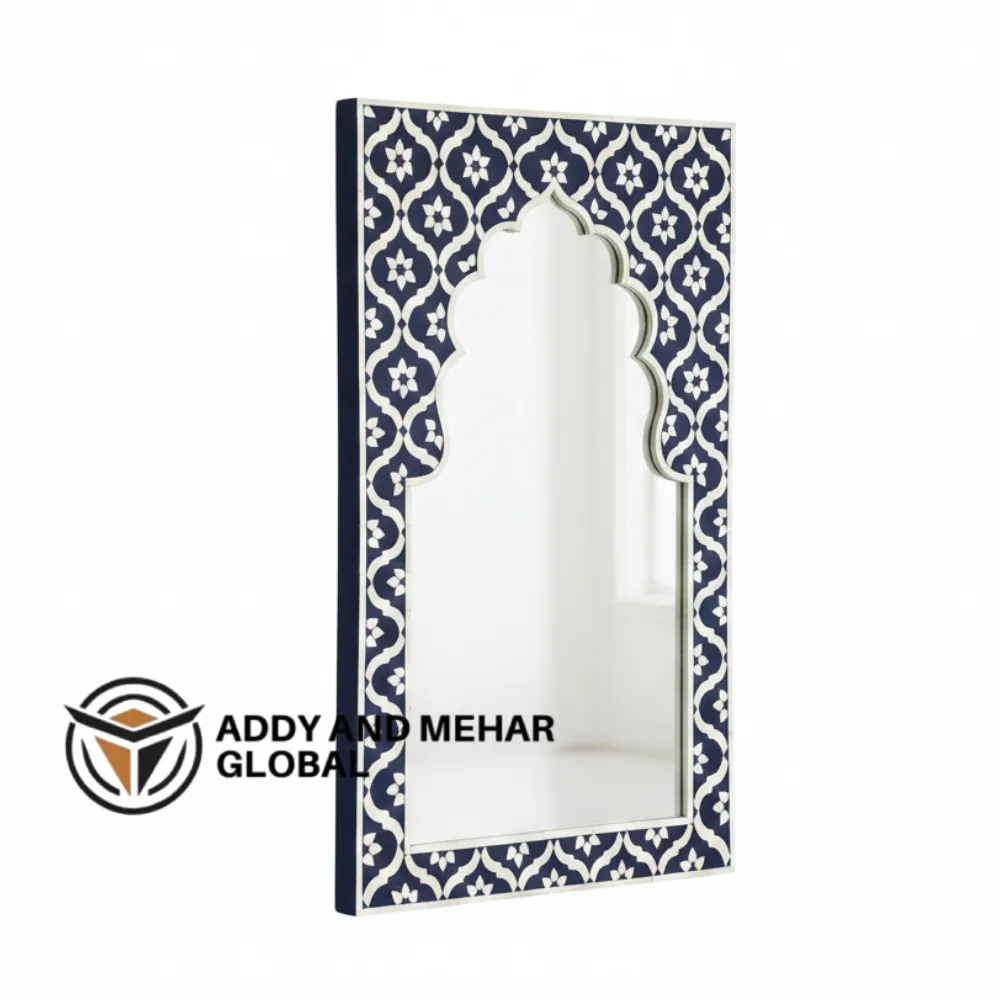 Blue Moroccan Bone Inlay Mirror – Handmade Arched Wall Mirror | Luxury Decorative Accent Frame