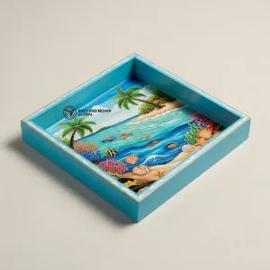 Tropical Beach Resin Art Serving Tray – Handmade Blue Decorative Tray for Coffee Table & Home Décor