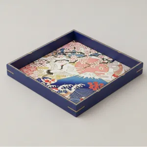 Blue Japanese Crane Art Serving Tray – Handmade Decorative Wooden Tray for Coffee Table & Home Décor