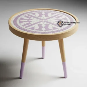 Lavender Meena Pattern Wooden Stool  Handcrafted Round Decorative Accent Stool for Living Room & Bedroom
