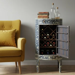 Handmade Black Bone Inlay Wine Cabinet, Floral Bone Inlay Bar Cabinet, Luxury Bone Inlay Liquor Storage Cabinet, Artisan Bar Furniture for Home Decor