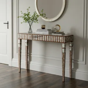 Elegant Mirrored Console Table – Luxe Bone Inlay Entryway Table with Reflective Finish