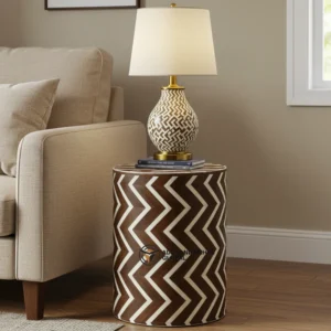 Handcrafted Brown & White Bone Inlay Chevron Side Table – Artisan Decorative Accent Stool / End Table