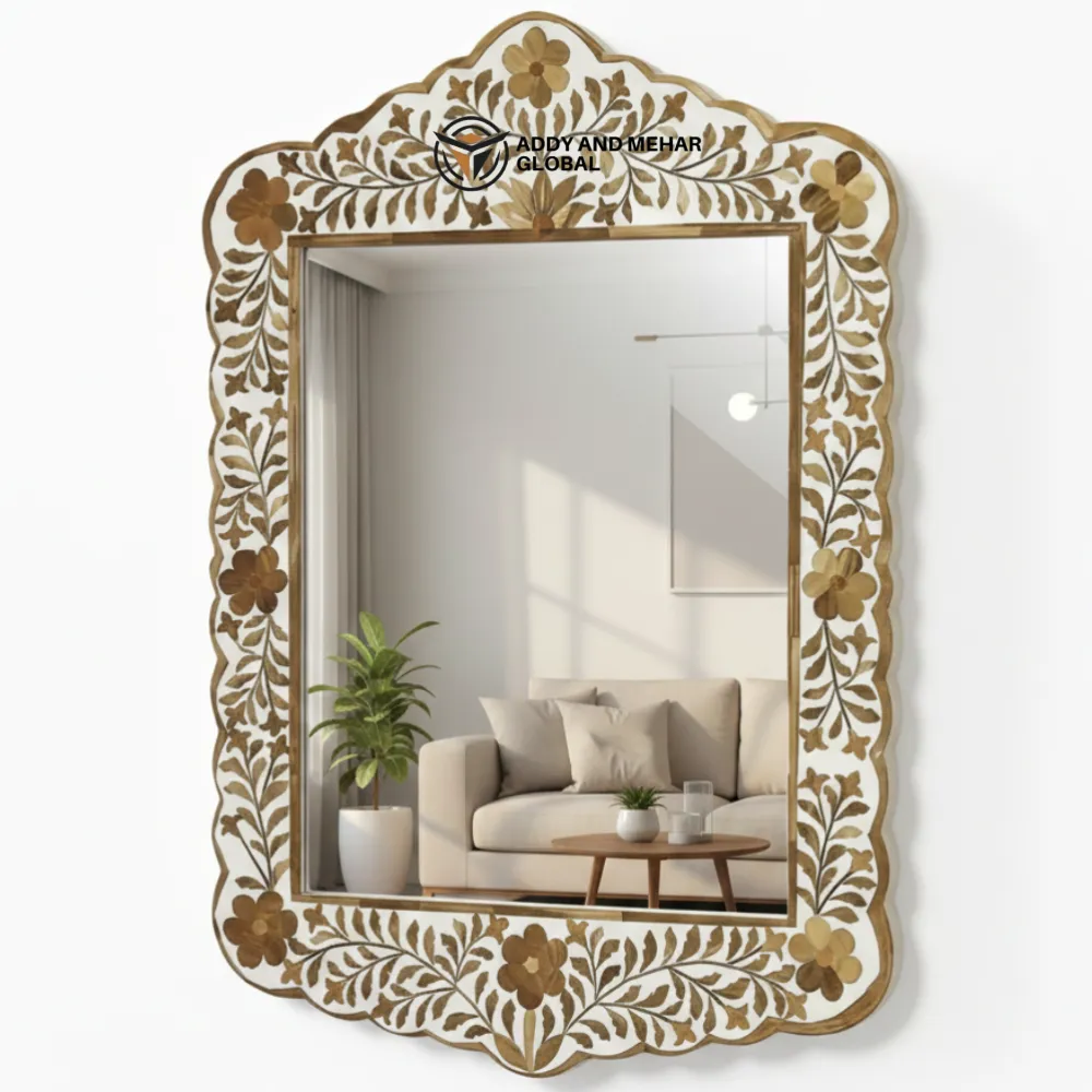 Luxury Brown Bone Inlay Mirror Handmade Floral Wall Decor - Image 3