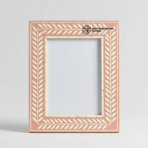 Handmade Pink Bone Inlay Photo Frame, Leaf Pattern Decorative Picture Frame, Luxury Artisan Bone Inlay Desk Frame, Boho Home Decor Photo Frame