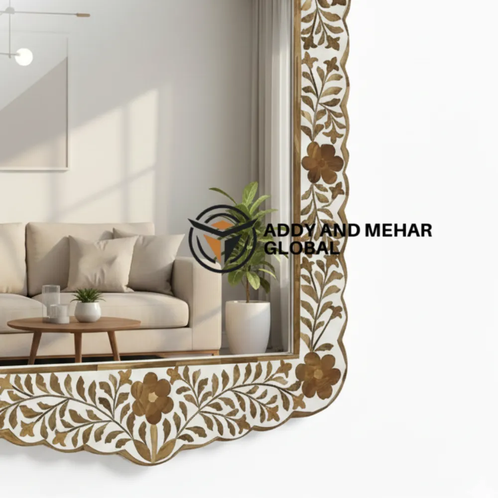 Luxury Brown Bone Inlay Mirror Handmade Floral Wall Decor - Image 4
