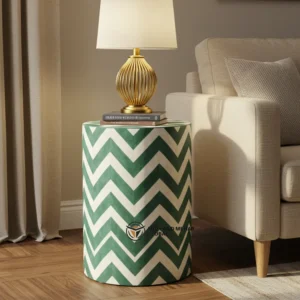 Green Chevron Bone Inlay Side Table – Handmade Wooden Accent Table | Luxury Boho End Table