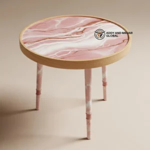 Pink Marble Design Round Wooden Stool – Handcrafted Modern Decorative Accent Stool