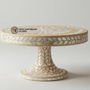 Handcrafted Wooden Floral Inlay Round Pedestal Table with Mother of Pearl Detailing