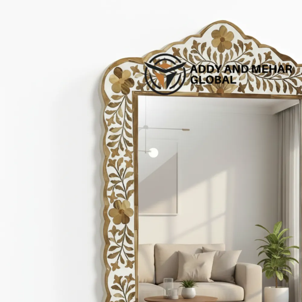 Luxury Brown Bone Inlay Mirror Handmade Floral Wall Decor - Image 5