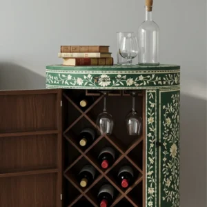 Luxury Green Bone Inlay Wine Cabinet with Floral Pattern – Handcrafted Wooden Bar Storage Cabinet
