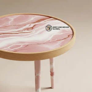 Pink Marble Design Round Wooden Stool – Handcrafted Modern Decorative Accent Stool