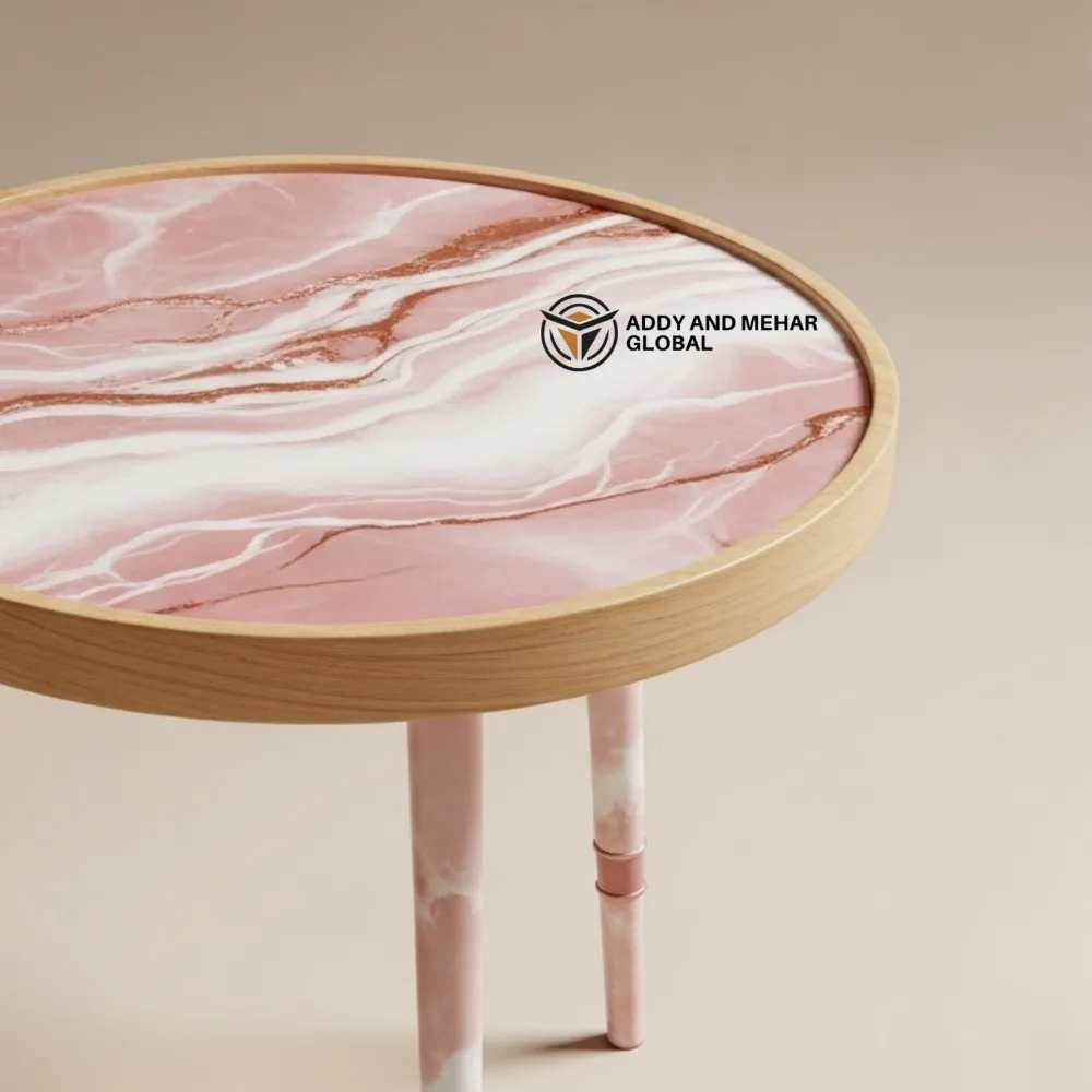 Pink Marble Design Round Wooden Stool – Handcrafted Modern Decorative Accent Stool - Image 2