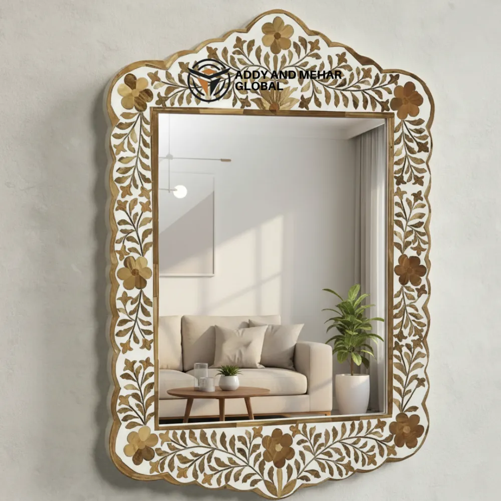 Luxury Brown Bone Inlay Mirror Handmade Floral Wall Decor - Image 6