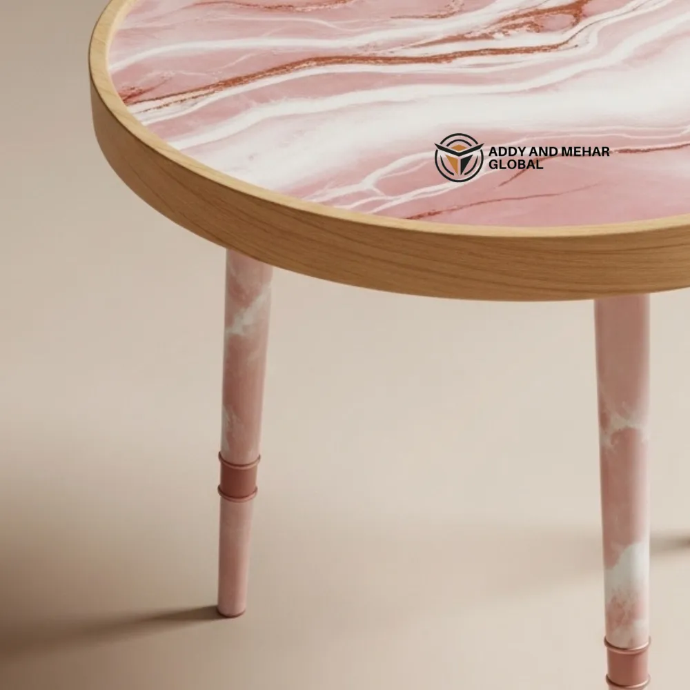 Pink Marble Design Round Wooden Stool – Handcrafted Modern Decorative Accent Stool - Image 3