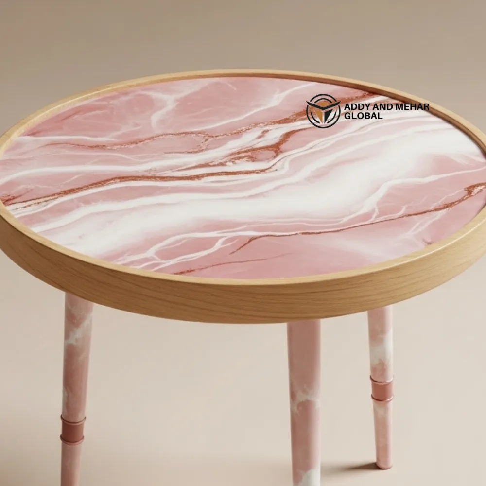 Pink Marble Design Round Wooden Stool – Handcrafted Modern Decorative Accent Stool - Image 4