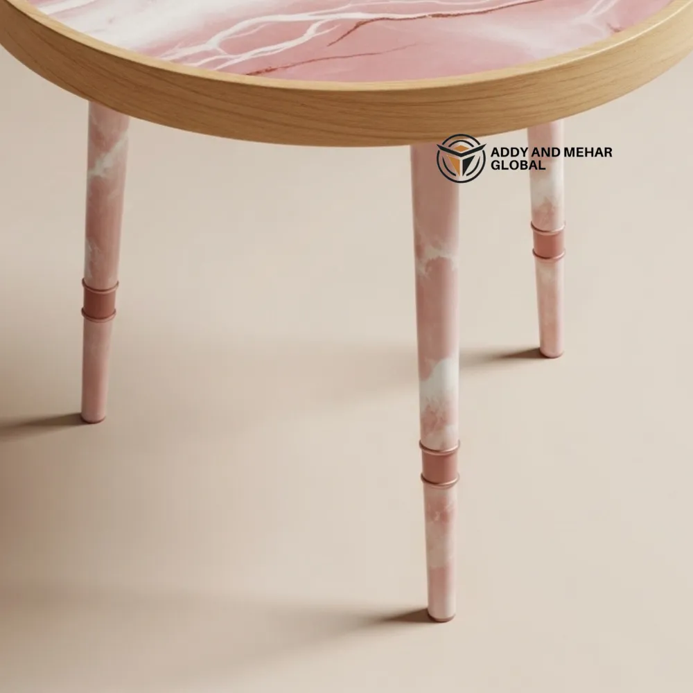 Pink Marble Design Round Wooden Stool – Handcrafted Modern Decorative Accent Stool - Image 5
