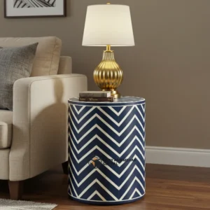 Blue Chevron Bone Inlay Side Table – Handmade Wooden Accent Table | Luxury Boho End Table