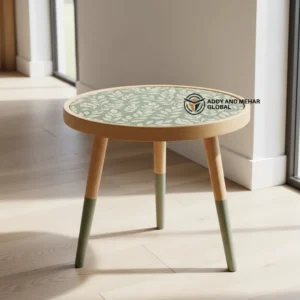 Modern Green Accent Stool Table with Designer Inlay Top
