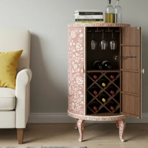 Luxury Handcrafted Floral Inlay Wine Bar Cabinet – Round Wooden Wine Storage Cabinet with Glass Holder