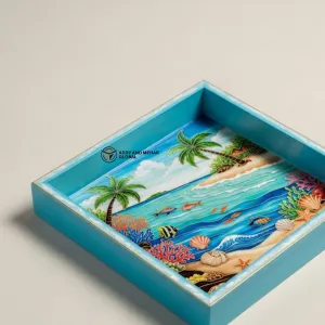 Tropical Beach Resin Art Serving Tray – Handmade Blue Decorative Tray for Coffee Table & Home Décor